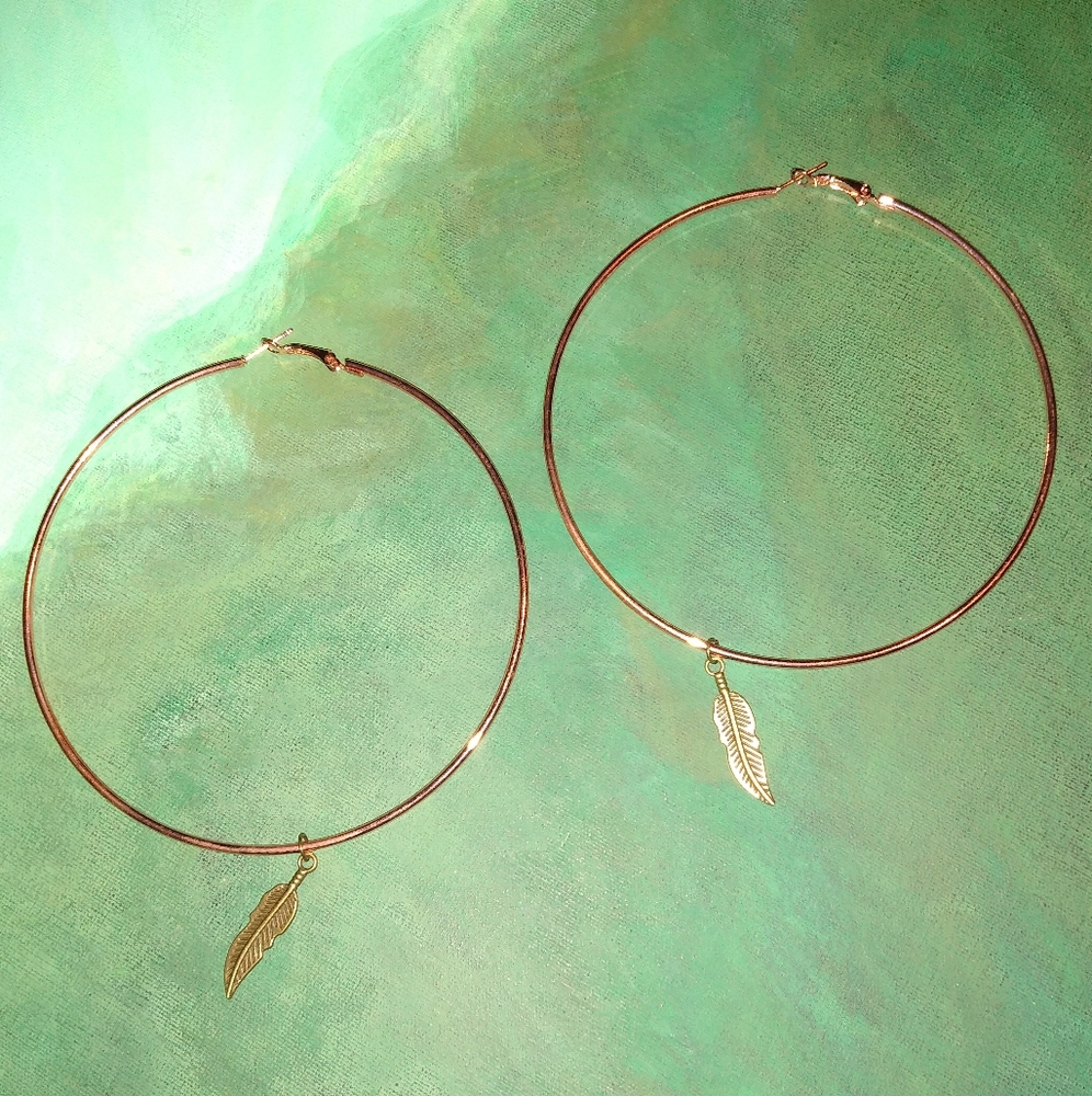 XL Rose Gold Hoops Feather Charm Oversized Hoop Earrings Big Handmade Statement
